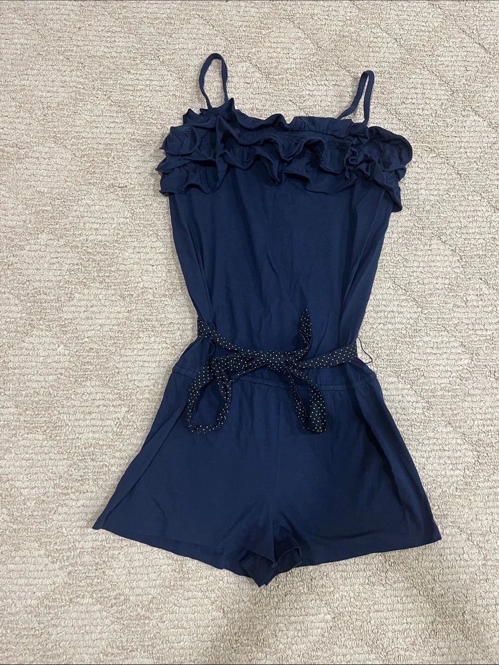 Ralph Lauren Navy Ruffle Romper with Polka Dot Tie